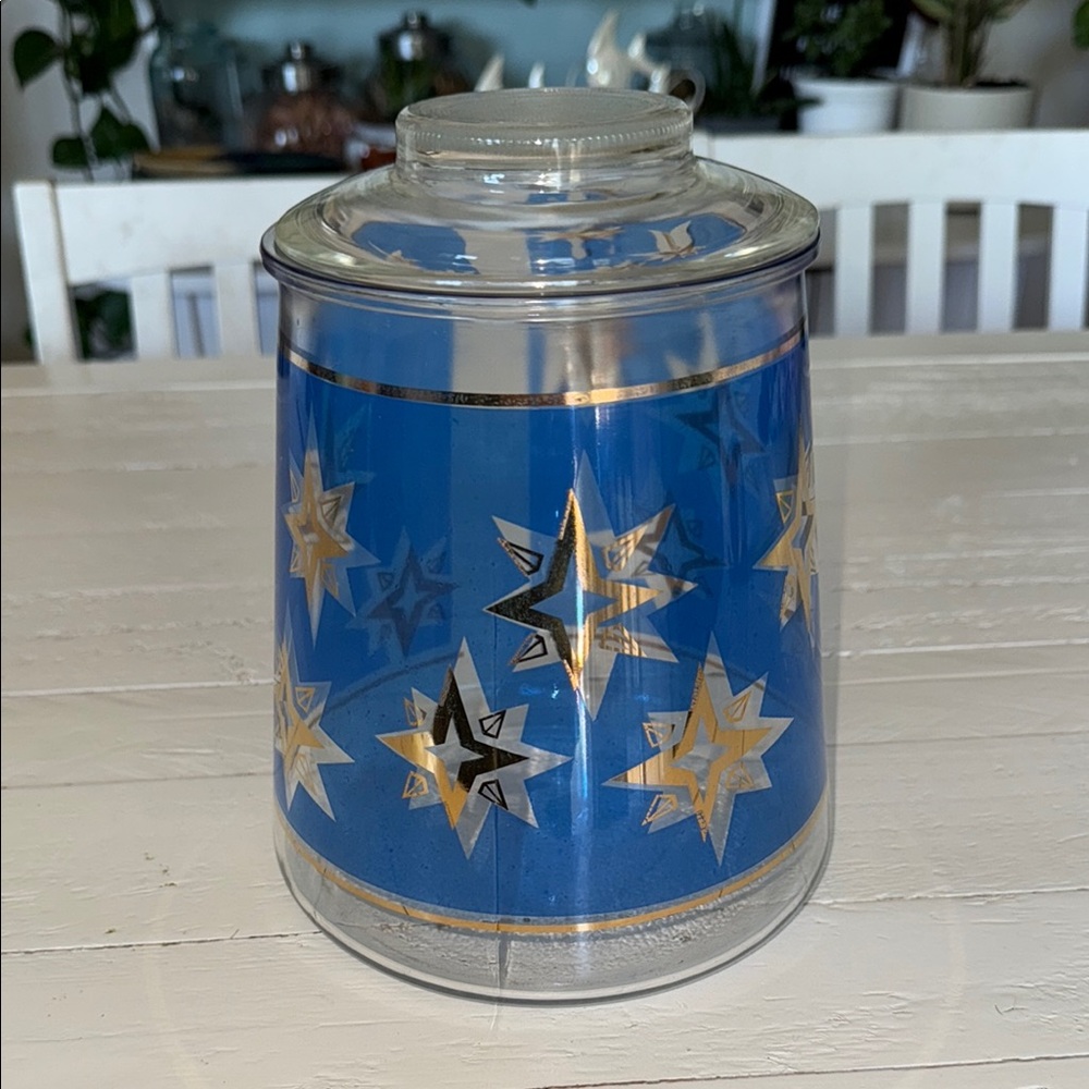 Bartlett Collins Glass Canister Blue/gold atomic Starburst vintage pre 1970